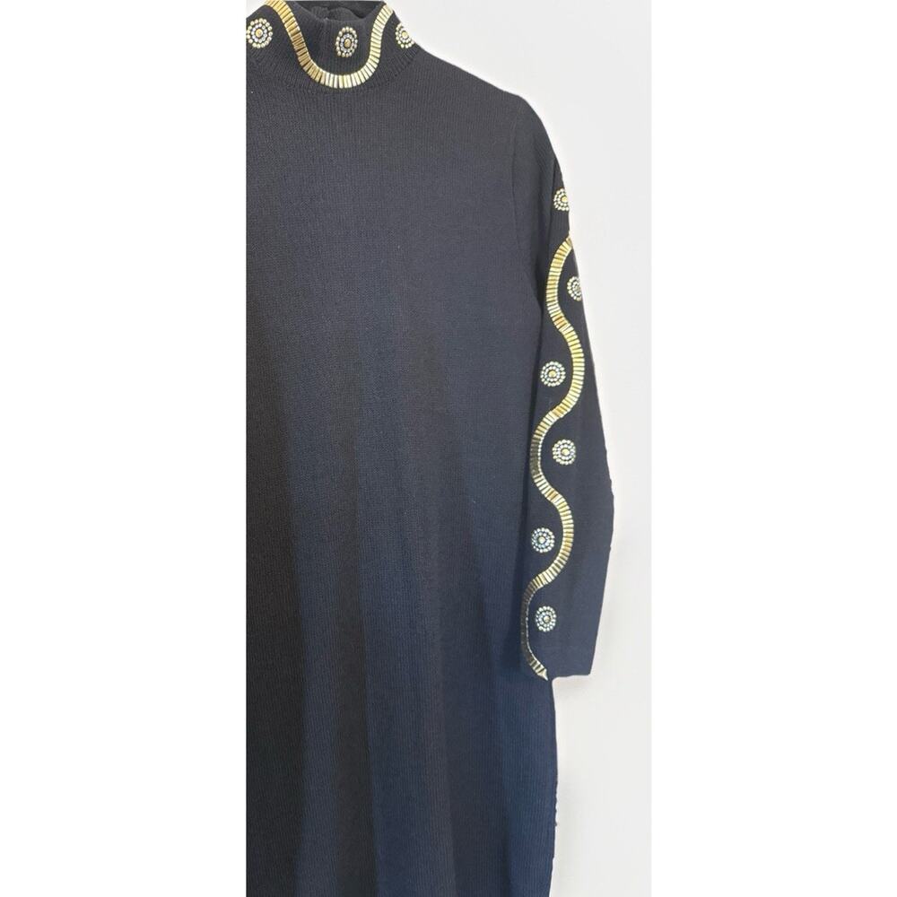 Vintage 1980-90s St John Santana Knit Gold Embellished Mock Neck Mini Dress Sz 8 - Picture 2 of 6